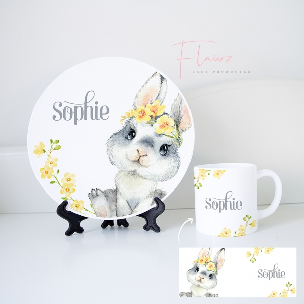 Konijn grijs met bloemen serviesset FLAIIRZ