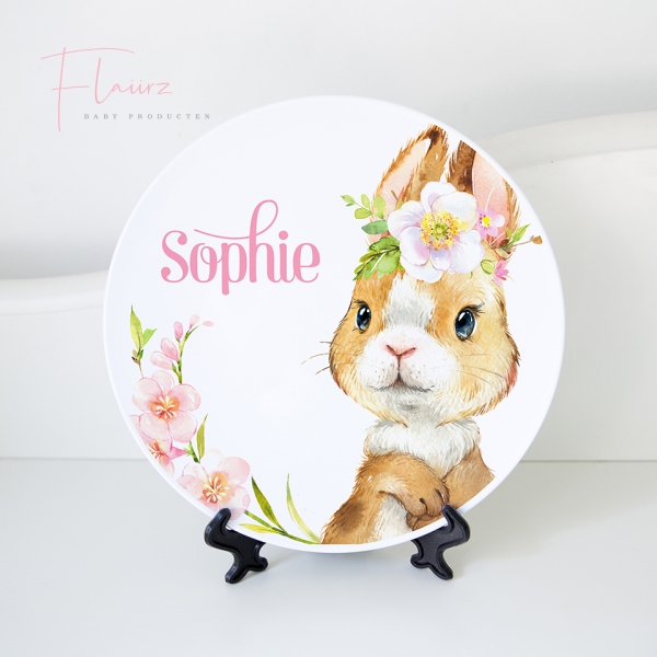 Konijn wit / bruin met bloemen bord FLAIIRZ
