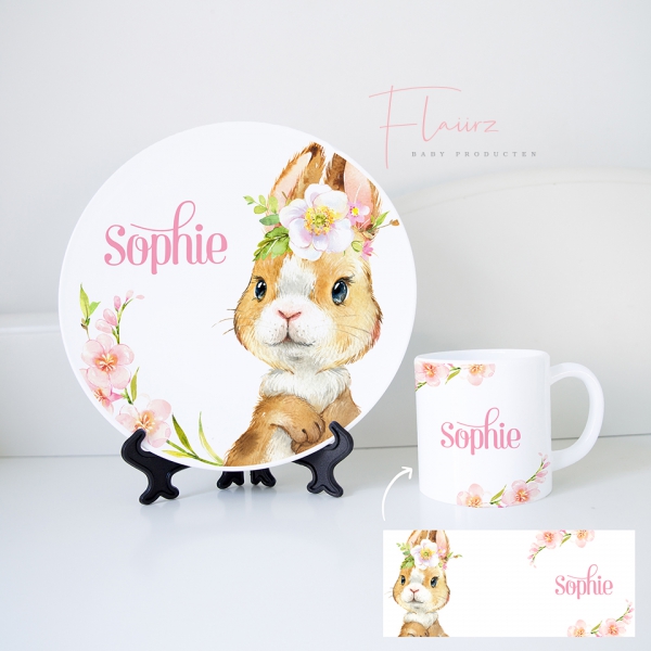 Konijn wit / bruin met bloemen serviesset FLAIIRZ